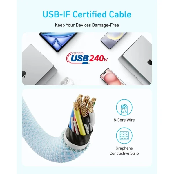 کابل تبدیل USB-C به USB-C انکر مدل Zolo A8060 طول 0.9 متر با توان 240 وات - Image 2